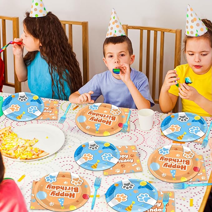 Justforjoyful 96Pcs Blue Dog Happy Birthday Party Supplies Cartoon Puppy Paper Plates and Napkins Disposable Paw Tableware Dinnerware Set for Kids Dogs Parties Decorations Favors Baby Shower Serve 24