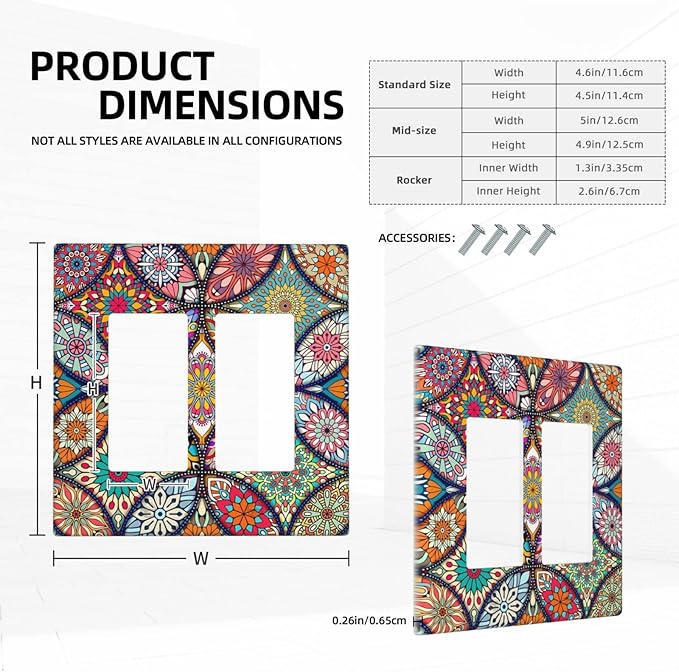 Bohemian Double Rocker Wall Plate Decorative 2 Gang Light Switch Cover colorful Vintage Floral Mandala Flower Gfci Electrical Switchplate Home for Bathroom Bedroom Kitchen Decor 4.6"X4.5"