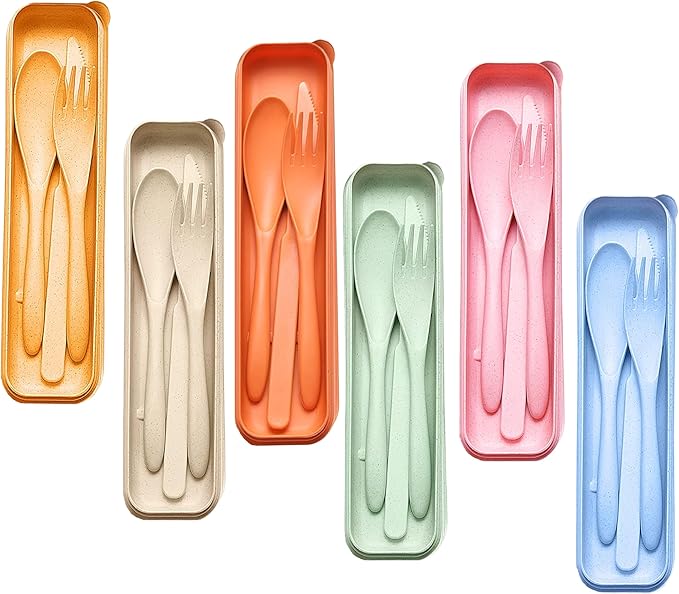 Portable Utensils Set with Case, 6 Sets Wheat Straw Reusable Cutlery, Eco-Friendly Lightweight Knife Fork Spoon Travel Tableware, for Camping, Picnic, Office Lunch, Outdoor Dining, and Daily Use
