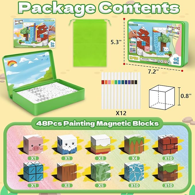 Intoypad Magnetic Blocks Painting Travel Toys for Kids, 48PCS Magnetic Building Blocks with 12 Paint Pens & Iron Box Art Craft Kits Magnet Blocks Cube Birthday Gifts for Boys Girls Road Trip Car Games