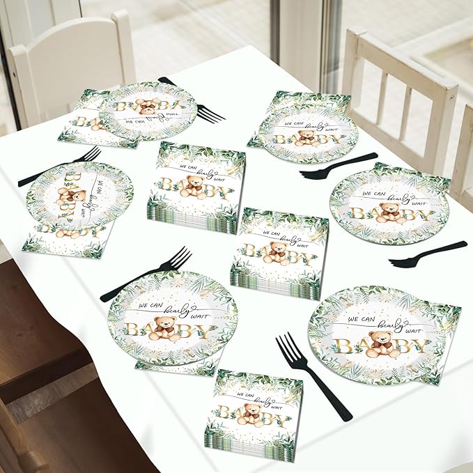 Naozinebi 200PCS Sage Green Bear Baby Shower Decoration Teddy Plates Napkins We Can Bearly Wait Paper Plates Greenery Bear Party Tableware Set for Gender Reveal Neutral Party Decor Supplies Serves 50