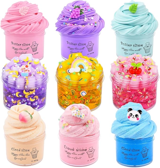 Slime Kit 9 Pack, with 3 Jelly Cube Crunchy Slime and 3 Cloud Slime and 3 Butter Slime, Soft and Non-Sticky, DIY Toys for Girls Boys, Kids Party Stress Relief Toy, Birthday Favor, Surprise Gift