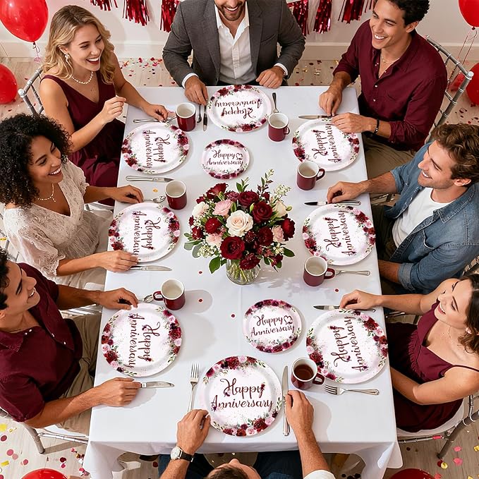 96Pcs Happy Anniversary Party Supplies Burgundy Flowers Anniversary Plates and Napkins Rose Red Burgundy Floral Tableware Set for Women Couple Romantic Wedding Love Party Supplies Serve 24