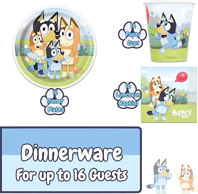 Unique Bluey Party Supplies | Tableware Essentials | Serves 16 | Officially Licensed | Plates, Napkins, And Cups | Birthday Tableware For Kids, Quick Setup, Easy Cleanup