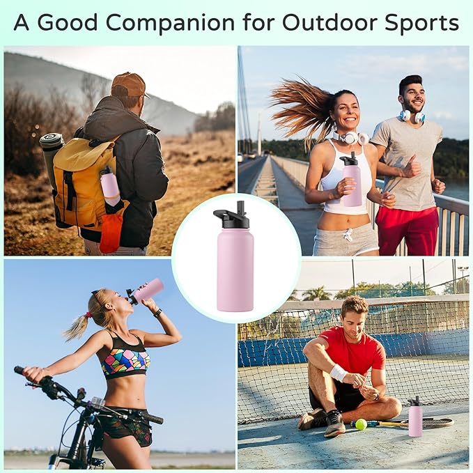 DOMICARE 32 oz Insulated Water Bottle, Vacuum Insulated Stainless Steel Sports Water Bottle with Straw Lid & Spout Lid, Leakproof, Reusable - Travel, Camping, Bike, Pink
