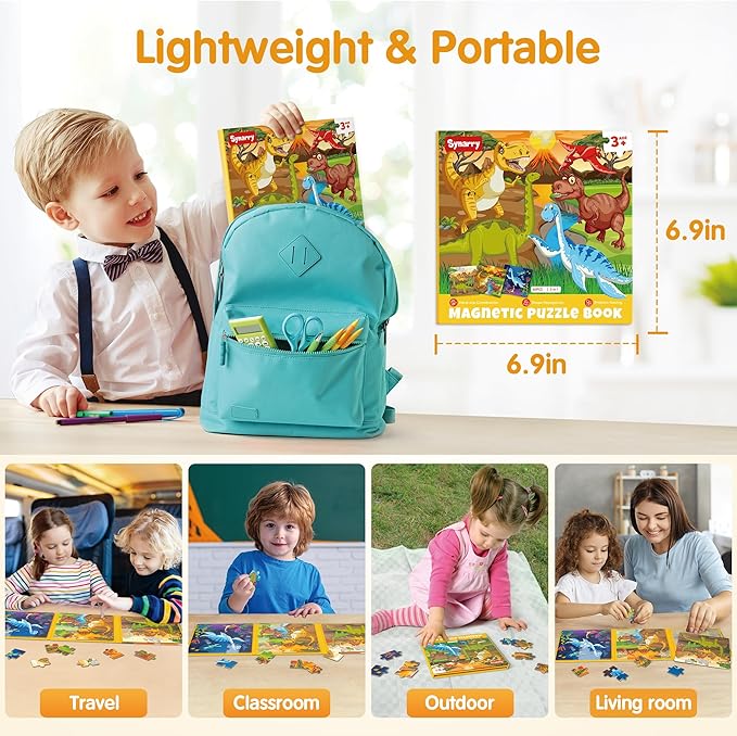 SYNARRY Magnetic Dinosaur Puzzles for Kids Ages 3-5, 20 Pieces Puzzles for Toddlers 4-6, Easter Basket Stuffers Gifts for Kids, Car Airplane Road Trip Activities Magnet Games Toy for Boys Girls