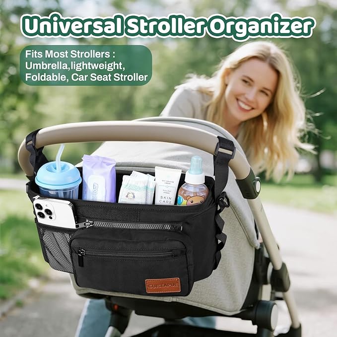 Guiseapue Universal Stroller Organizer with Cup Holder: Stroller Caddy Accessories with Detachable Phone Bag Fit for Uppababy, Non-Slip Straps, Walker Accessories, First Mothers Day Gifts for New Mom