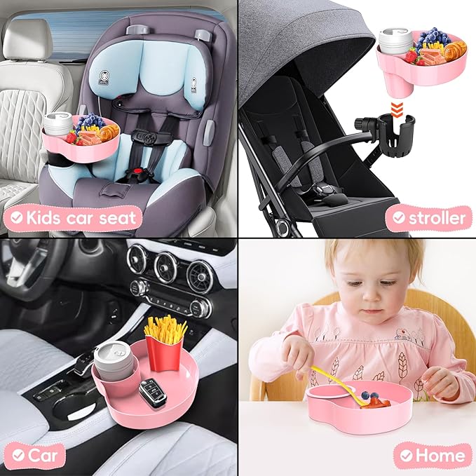 Kids Car Seat Tray, Travel Tray with Cup Holder for Toddler, Kids Car Seat Food Snack Holder for Road Trip, Stroller snack Organizer travel must haves - Pink Color