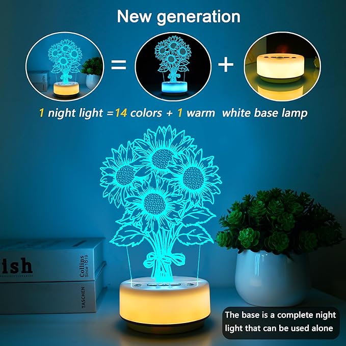 Sunflower Flower Gifts Night Light for Kids-Flower Decor Lamp for Bedroom Living Room, 14 Color with Remote / Buttons + Timer + Dim Function, Birthday Holiday Gift for Her Mom Wife Girlfriend Teacher