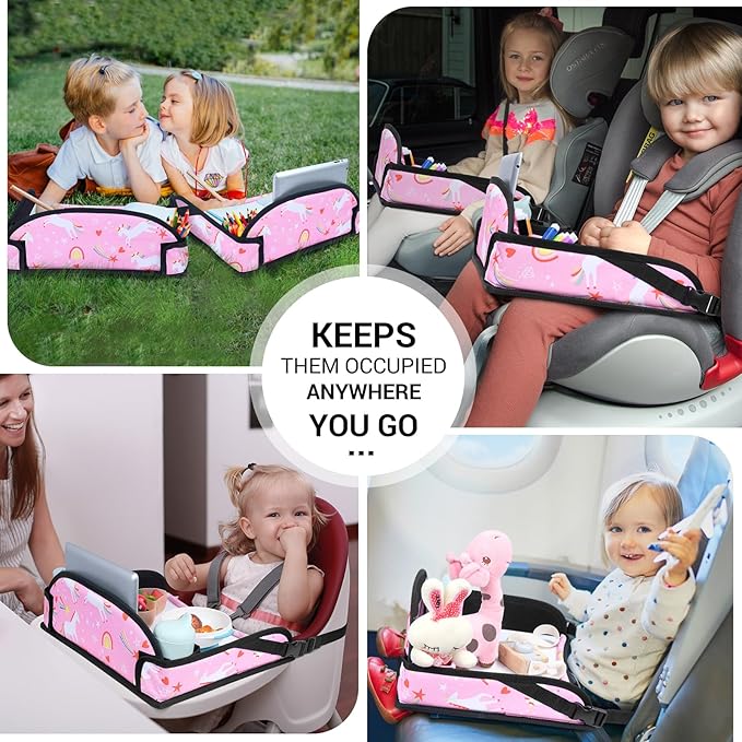 COOLBEBE Kids Travel Tray for Toddler Car Seat, Travel Tray for Airplane, Lap Tray, Carseat Table Tray for Kids, Pink Unicorn, 2 Pack
