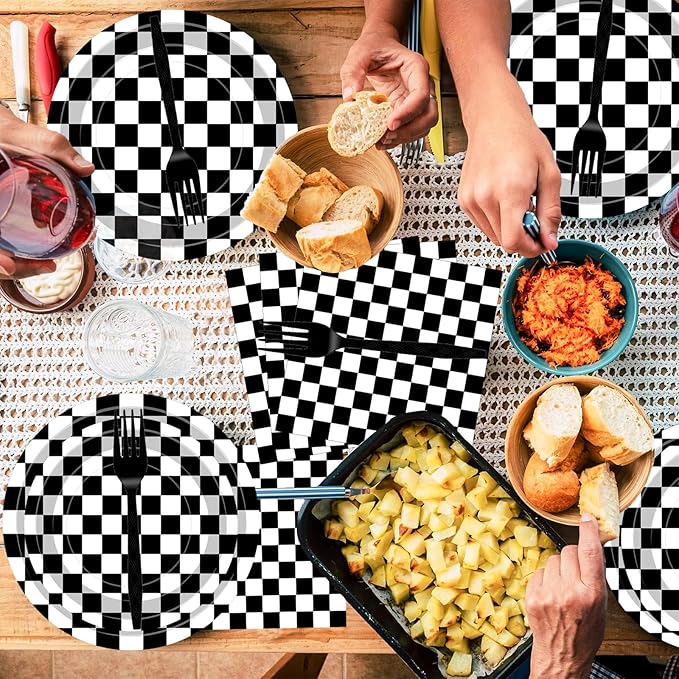 100 Pcs Racing Checkered Party Supplies Set, Serves 25 – Disposable Black and White Checkerboard Paper Plates, Napkins, and Forks, Race Car Themed Tableware for Birthday, and Racing Table Decorations