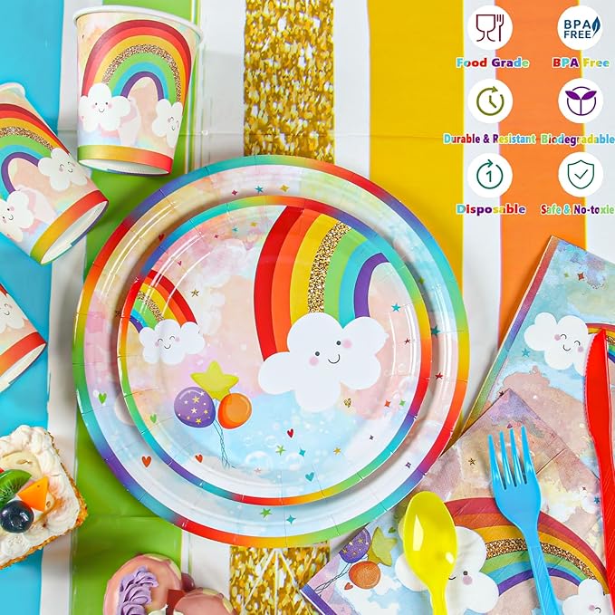 Rainbow Party Supplies, Happy Birthday Decorations for Girls & Boys -169pcs Rainbow Party Tableware Set Include 9" and 7" Party Plates and Napkins Cups Utensils with Tablecloth for 24 Guests