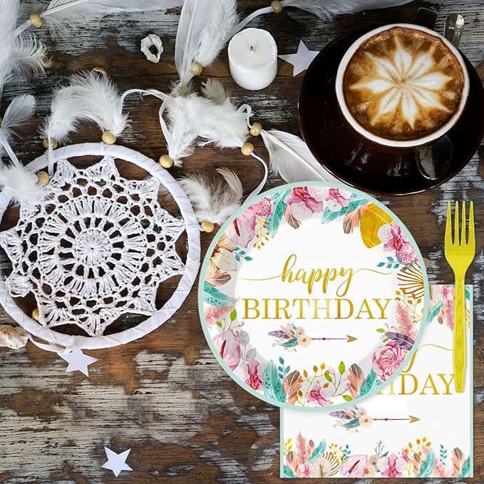 Tevxj 96 Pieces Happy Birthday Party Plates Napkins Boho Decorations Gold Metallic Tableware for Boys and Girls Happy Birthday Dessert Plates Napkins Forks for 24 Guests Party Supplies Favor