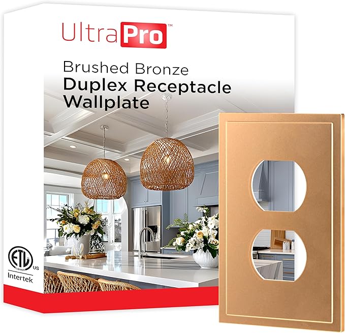 UltraPro Screwless Duplex Receptacle Wallplate, 1-Gang – Modern Snap-On Cover, Child-Safe, Durable Polycarbonate, Easy DIY Installation – Brushed Bronze – 85748