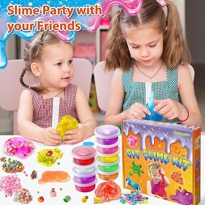 12 Cups DIY Slime Kit, Slime Making Kit for Girls, Crystal Clear, Glow in The Dark Slime with Add-ins, Foam Balls, Charms, Party Favors Gift Toys for Kids 3-12