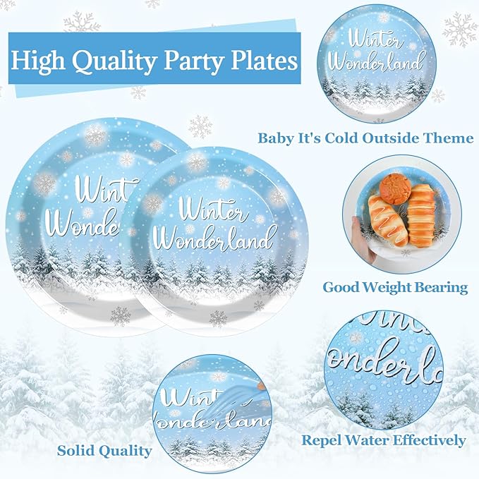 96Pcs Winter Snowflake Plates and Napkins for Winter Wonderland Party Supplies Snowflake Dessert Disposable Plates Holiday Christmas Party Tableware Set for 24 Guests Birthday Party Decorations