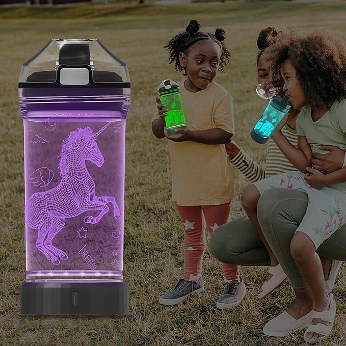 YuanDian Light Up Kids Water Bottle with 3D LED Light- 14 OZ Tritan BPA Free - 7 Color Light Cool Drinking Cups Gift for School Kids Girl Child (Unicorn)