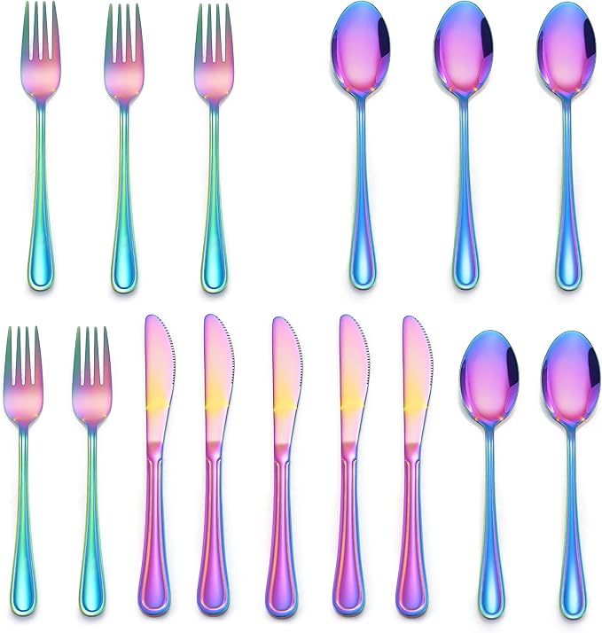 LIANYU 15-Piece Rainbow Kids Silverware Set, Stainless Steel Toddler Utensils Flatware Set, Child Cutlery Tableware Set for 5, Include knife Fork Spoon, Mirror Finished, Dishwasher Safe