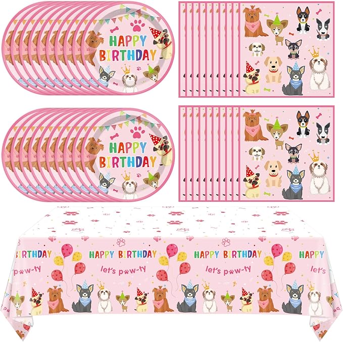 41PCS Pink Dog Birthday Party Decorations Set Puppy Party Supplies Including Dog Girl Party Plates Napkins Tablecloth Serves 20 Guests for Dog Birthday Parties Decorations