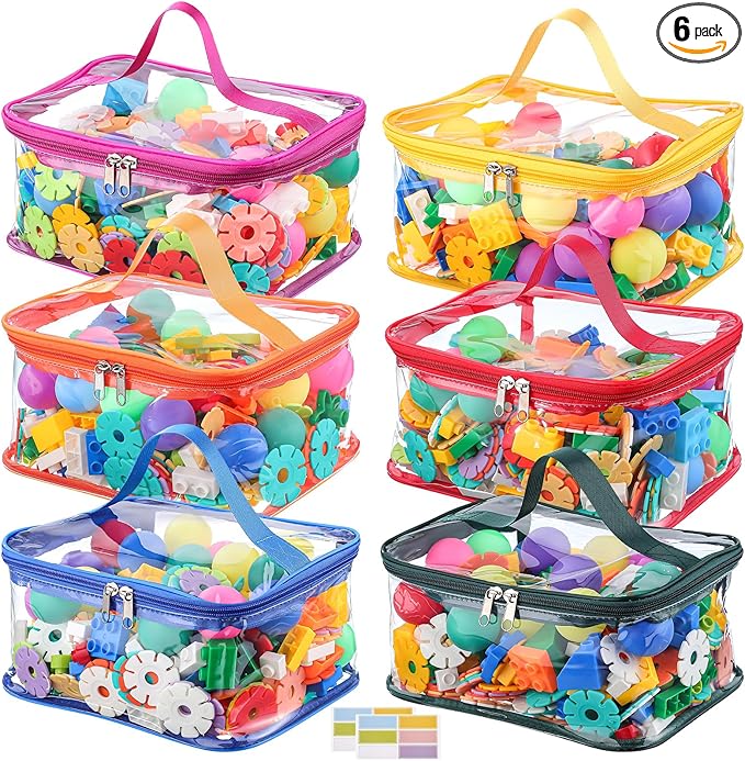 6 Packs Clear Toy Storage Bags, Colorful PVC Waterproof Toy Organizer with Zip Reusable Bags for Building Blocks, Board Game, Puzzles, Kids Books, Stationery