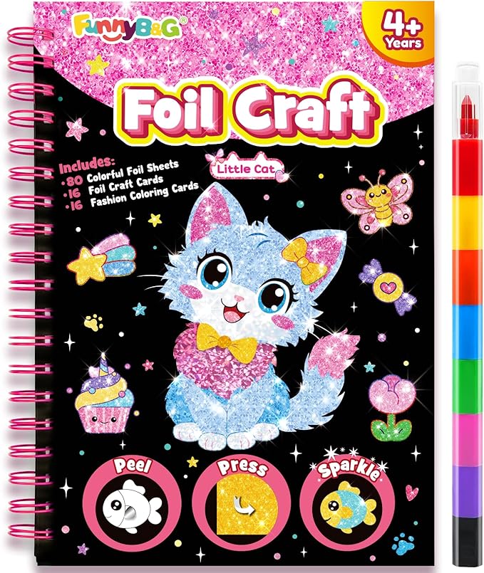 FUNNYB&G Foil Art Crafts for Kids Ages 4-8: Easter Basket Stuffers for Kids 2026, Easter Gifts for Girls, Crafts Supplies,Party Favors,Creative Toys for Girls 4 5 6 7 8 Years Old(Little Cat)
