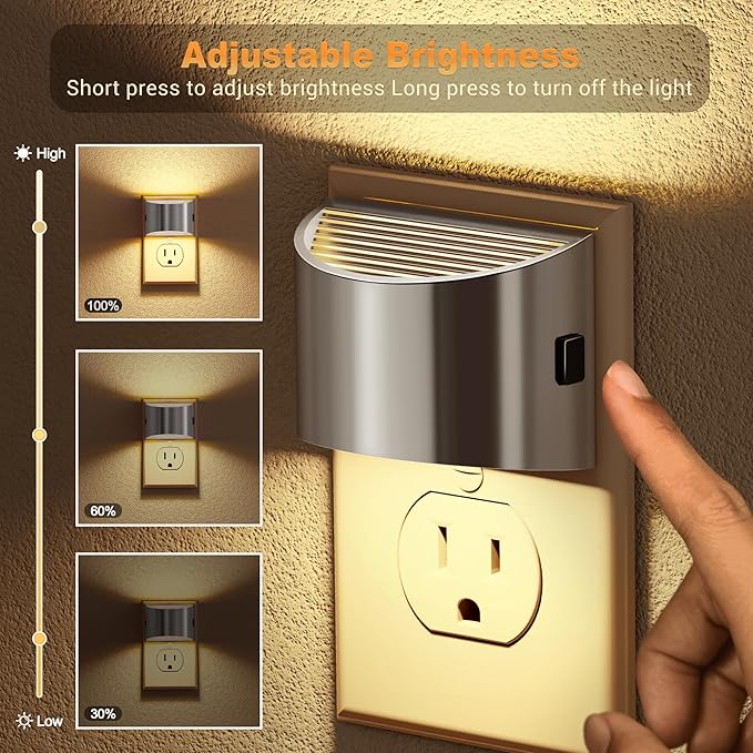 JandCase LED Night Lights Plug into Wall, 2 Pack Modern Night Lights, Dusk to Dawn Sensor Nightlight, 0-100LM Brightness Adjustable, 3000K Soft White(Silver)