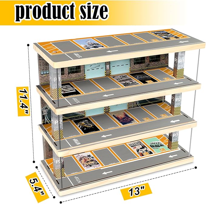 Saichotoy Storage for Hot Wheels: Toy Car Parking Garage Diorama with Lights - Freestanding Display Case for 1/64 Scale Diecast Cars with 4 Levels 24 Spots Maximum 40 Cars