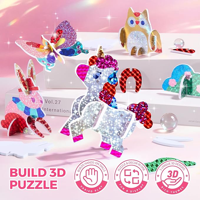 Jar Melo 3 in 1 Foil Craft Kit for Kids, DIY Foil Stickers Art Supplies, 3D Puzzle Unicorn Toys for Girl, Princess Magnetic Dress-Up Kits, Creative Travel Activity, Birthday Gifts for Girls 4-10