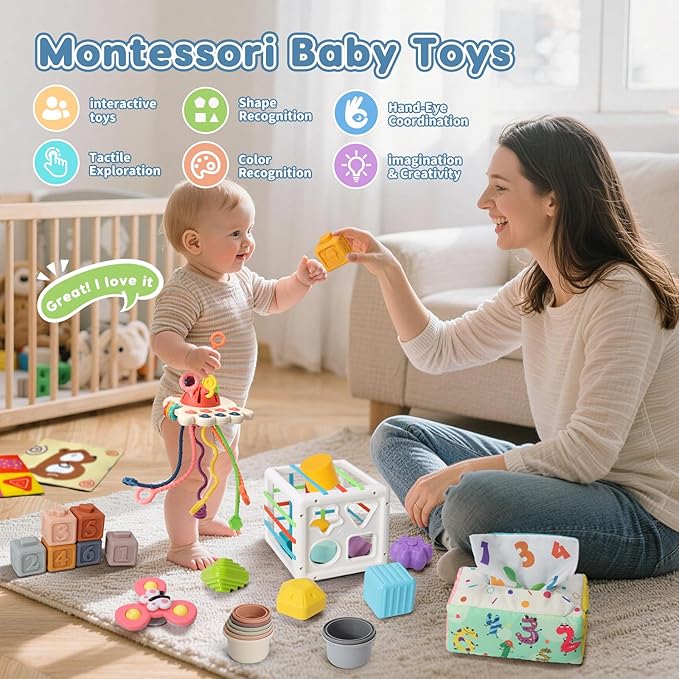6 in 1 Montessori Toys for Babies 6-12 Months Up - Incl Pull String Toy, Stacking Cups, Tissue Box, Suction Cup Spinner, Stacking Blocks,Activity Cube, Baby Toys for 1 2 3 Year Old