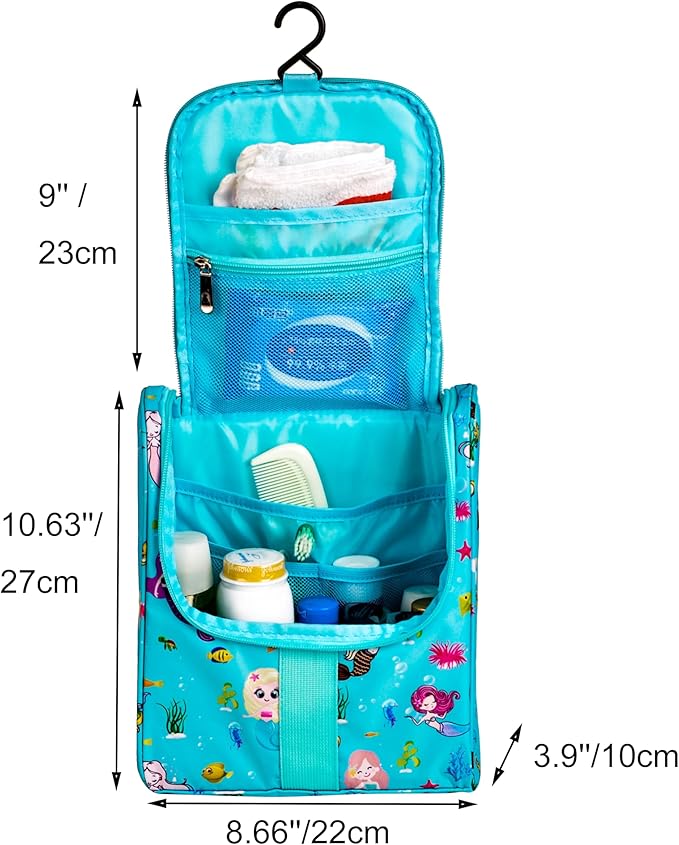 Remobia Hicol Cute Cartoon Hanging Kids Toiletry Bag Children Travel Cosmetic Makeup Organizer Wash Bag Shower bag Over Night Bag Camping Shaving Kit Bag for Boys & Girls (Mermaid)