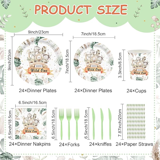 168PCS Wild One Party Supplies for Boys Girls Kids Jungle Animals Party Decorations Forest Themed Plates and Napkins Cups Forks Knives and Straw Tableware for Birthday Serve 24 Guests