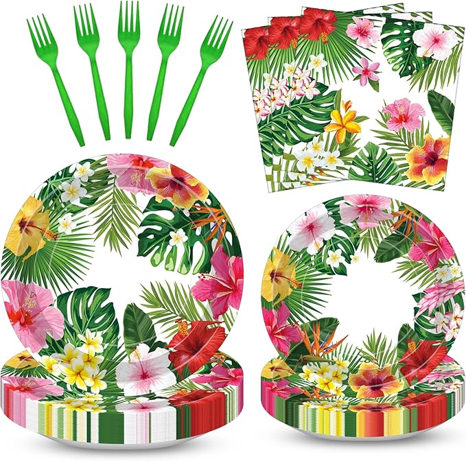 100 Pcs Tropical Luau Party Supplies Set, Serves 25 – Disposable Hibiscus Floral Paper Plates, Napkins, and Forks, Hawaiian Themed Tableware for Summer BBQ, Pool and Beach Aloha Birthday Decorations