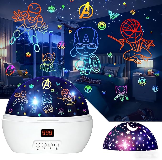 MOKOQI Kid Light Projector Superhero Toys for Boys 5-7 Avengers Night Light Projector with Timer for Kids Room, 360 Degree Rotation Toddler Nightlights with Spiderman Figurine Star Lamps White