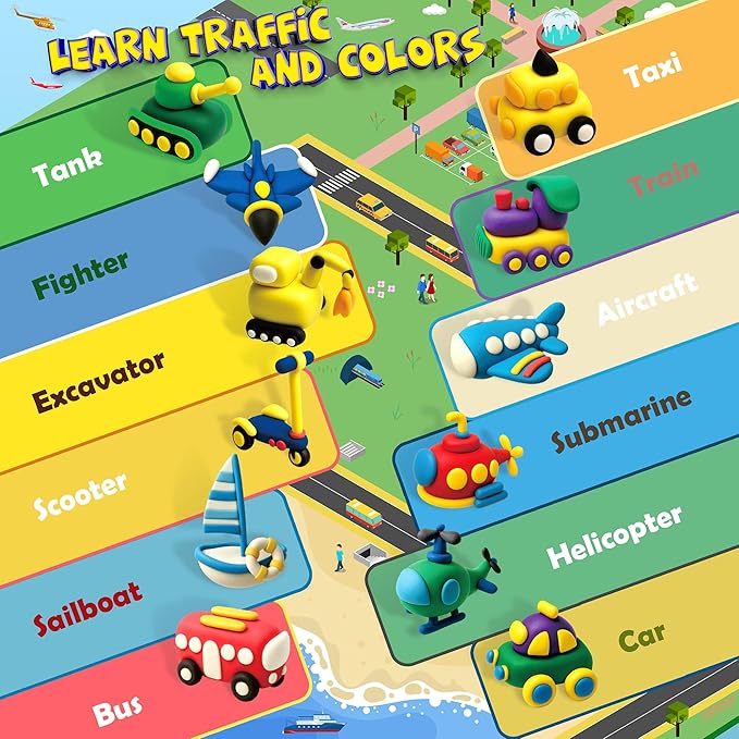 Air Dry Clay Kit -Traffic Theme, Modeling Clay for Kids, DIY Model Magic Clay with Sculpting Tools and Tutorials, 12 Boxes Molding Clay, Ultra Light, Soft & Non-Sticky, Arts and Crafts Gift for Kids