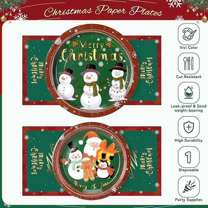 72PCS Christmas Plates and Napkins for Party Decorations, Set of 24 Merry Christmas Disposable Tableware Supplies, Green Red Themed Snowman Paper Plates for Xmas Party