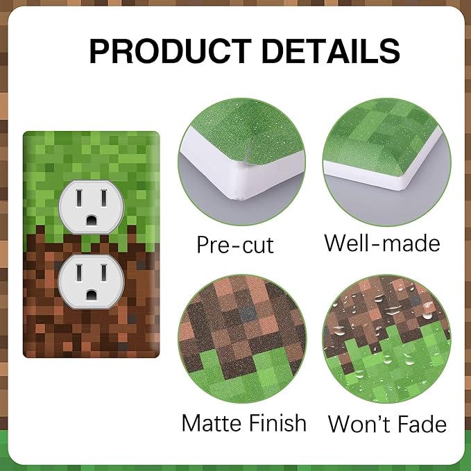 Pixel Game Light Switch Outlet Cover Sticker 6 PCS（Not Plate,Size 4.5 x 2.76 IN）1 Gang Electrical Decorative Wall Plate Faceplate Sticker Kids Room Kitchen Bathroom Decor