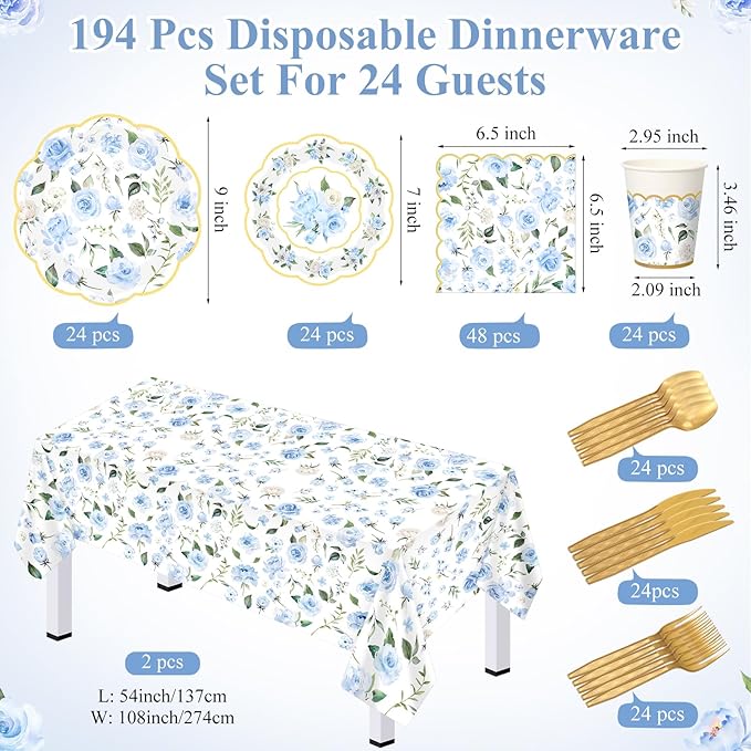 Pickmesh 194 Pcs Blue Floral Party Supplies for 24 Guests, Spring Floral Paper Plates and Napkins Cups Tablecloth Cutlery for Women Birthday Tea Bridal Shower Garden Party Supplies