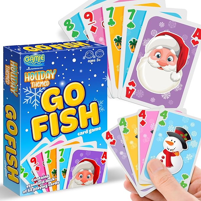 Gamie Christmas Go Fish Playing Cards Games for Kids - Deck of 52 - Christmas Poker Cards with Snowman & Festive Iconic Image Designs - Cute Pastel Colors - Xmas Basket Stuffers for Kids and Adults