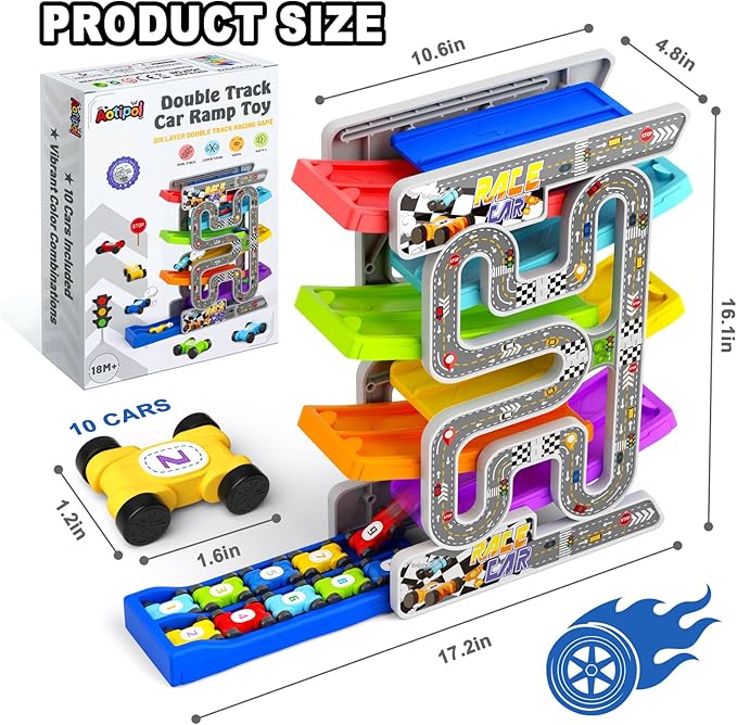 aotipol Toddler Toys for 2 3 Year Old Boy Girl, Double-Track Car Ramp Toy with Pull-Out Parking Lots & 10 Mini Cars, Montessori Toy Birthday Gifts for Toddlers Boys Girls Age 18+ Month Old, New Track