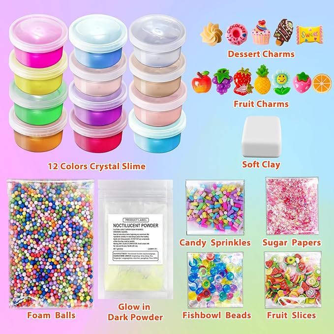 12 Cups DIY Slime Kit, Slime Making Kit for Girls, Crystal Clear, Glow in The Dark Slime with Add-ins, Foam Balls, Charms, Party Favors Gift Toys for Kids 3-12