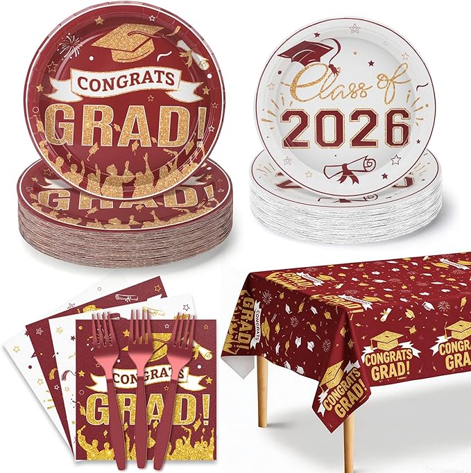 Graduation Plates and Napkins 2026,97Pcs Maroon Disposable Grad Plates Class of 2026 Dessert Plates Napkins,Tablecloth,Forks,Graduation Decorations for Congrats Grad Party,Serve 24