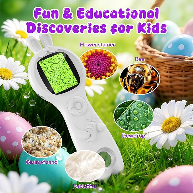 Children's Handheld Electronic Magnifying Glass, White Rabbit-Shaped Science Educational Microscope Kit, STEM Educational Toy for Kids Ages 5–10 Birthday Gift for Boys & Girls