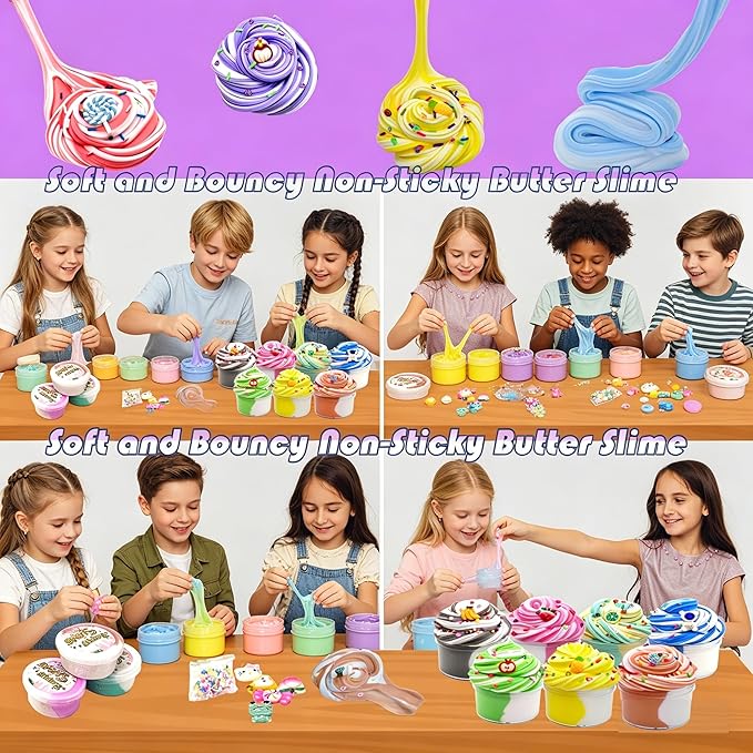 Slime Set Butter Slime Kit 24 Packed Two-Toned Containers, Assorted Colors and Designs，Soft and Bouncy Non-Sticky Slime Party Gifts for Girls and Boys