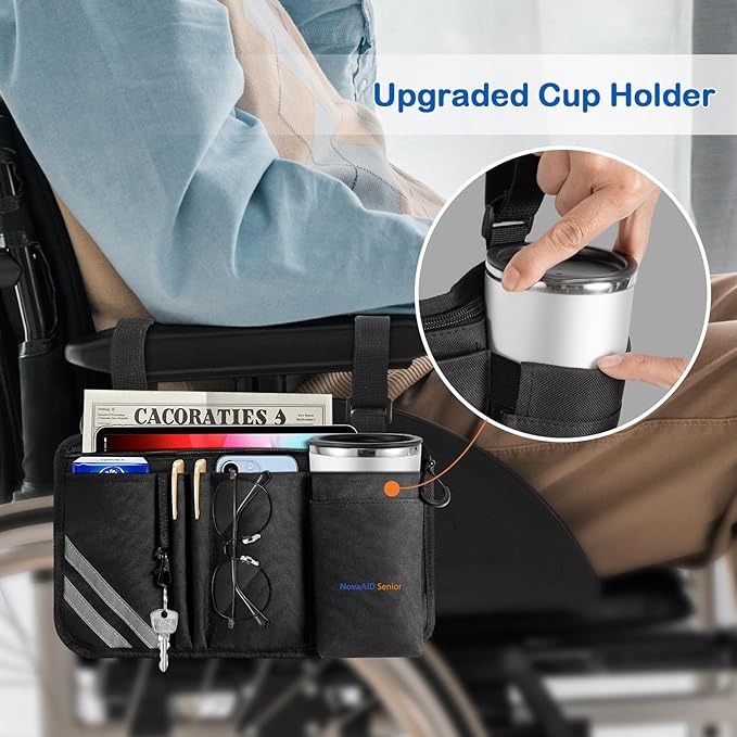 Wheelchair Side Bag with Cup Holder, Universal Armrest Organizer with Reflective Strips & Mesh Pockets, Water-Resistant Storage for Wheelchairs, Walkers, Rollators & Strollers (Black)