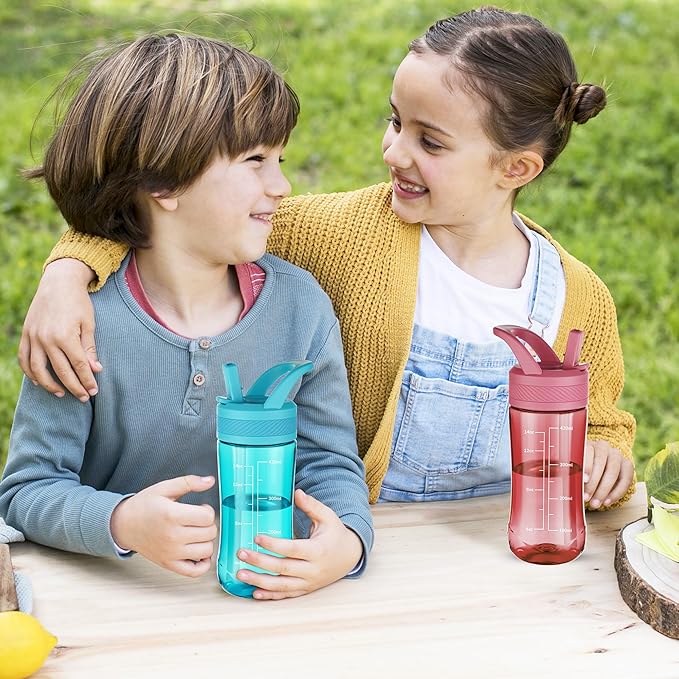 Kids Clear Water Bottle 14oz Flip with Straw Carry Handle, Leakproof, Reusable, Tritan, BPA Free, Suitable for Boys and Girls, Red