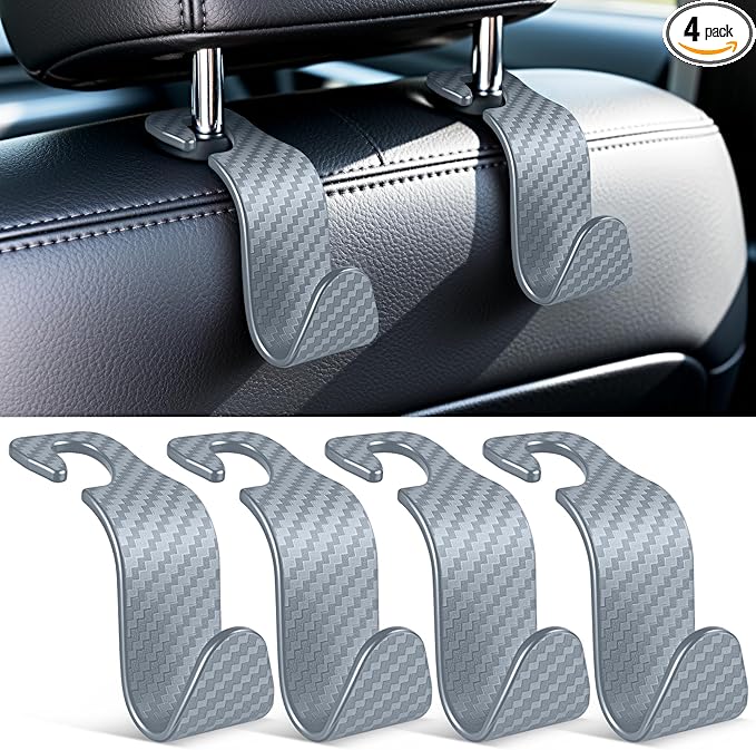 SINGARO Universal 4 Pack Car Seat Headrest Purse Hook, Carbon Fiber Back Seat Hook Storage Organizer Hanger for Purse Handbag Coat, Car Interior Accessories(Gray)