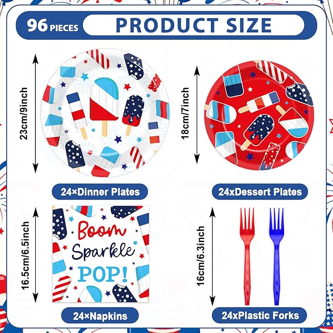 96Pcs Patriotic Party Supplies Summer Ice Pop Paper Plates and Napkins 4th of July Theme Disposable Tableware Set for American Independence Day Veterans Election Memorial Day Decor Serves 24