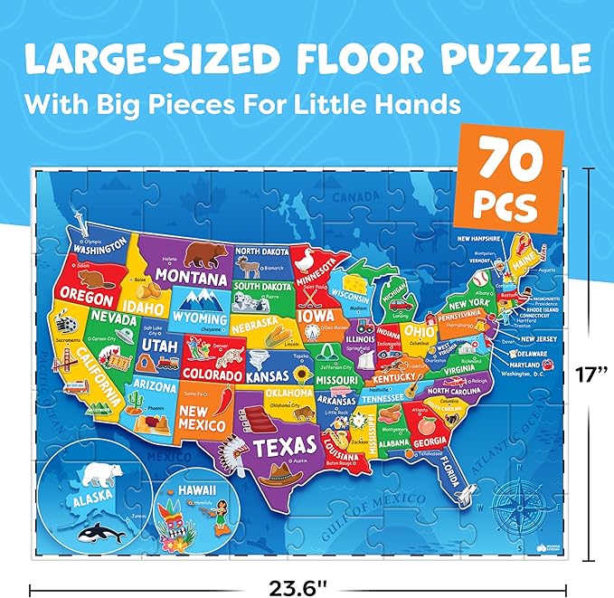 United States Puzzles for Kids Ages 4-6 - Educational Toys for Boys & Girls - 70Pcs USA Map Kids Puzzle with 50 States & Capitals - Floor Jigsaw Puzzles - Fun Learning Activities & Gifts for Children