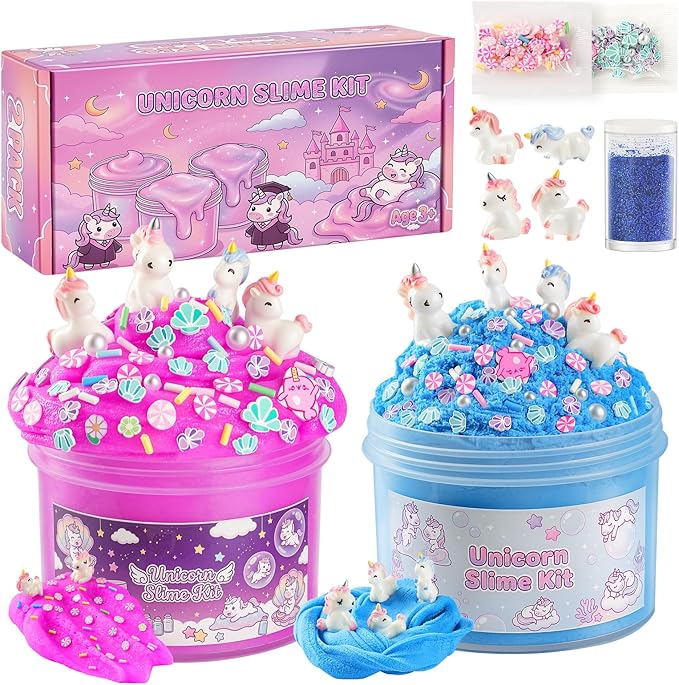 2 Pack 250ml Unicorn Cloud Slime Kit for Girls Boys - Scented Fluffy Cloud Slime with Cute Unicorn Charms - Non-Sticky Sensory Fidget Toys for Stress Relief & ASMR - DIY Slime Gift for Kids