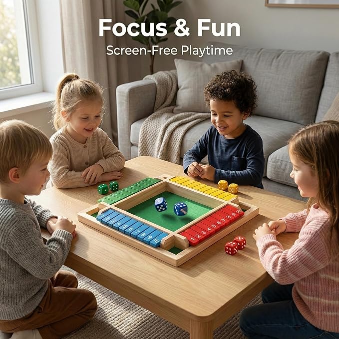 Vindstier Shut the Box Board Game for 2-4 Player, Wooden Math Number Flip Dice, Educational Toy for Kids Ages 3+ and Adults, Screen-Free Family Night, Classroom, Pub& Summer Travel Learning Activities